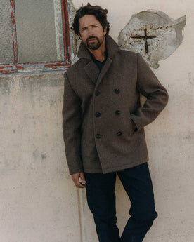 fit model showing the buttons on The Mariner Coat in Sable Melton Wool, Outerwear by Taylor Stitch