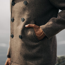 fit model showing the buttons on The Mariner Coat in Sable Melton Wool, Outerwear by Taylor Stitch