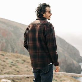 fit model standing showing off the back of The Maritime Shirt Jacket in Carson Plaid