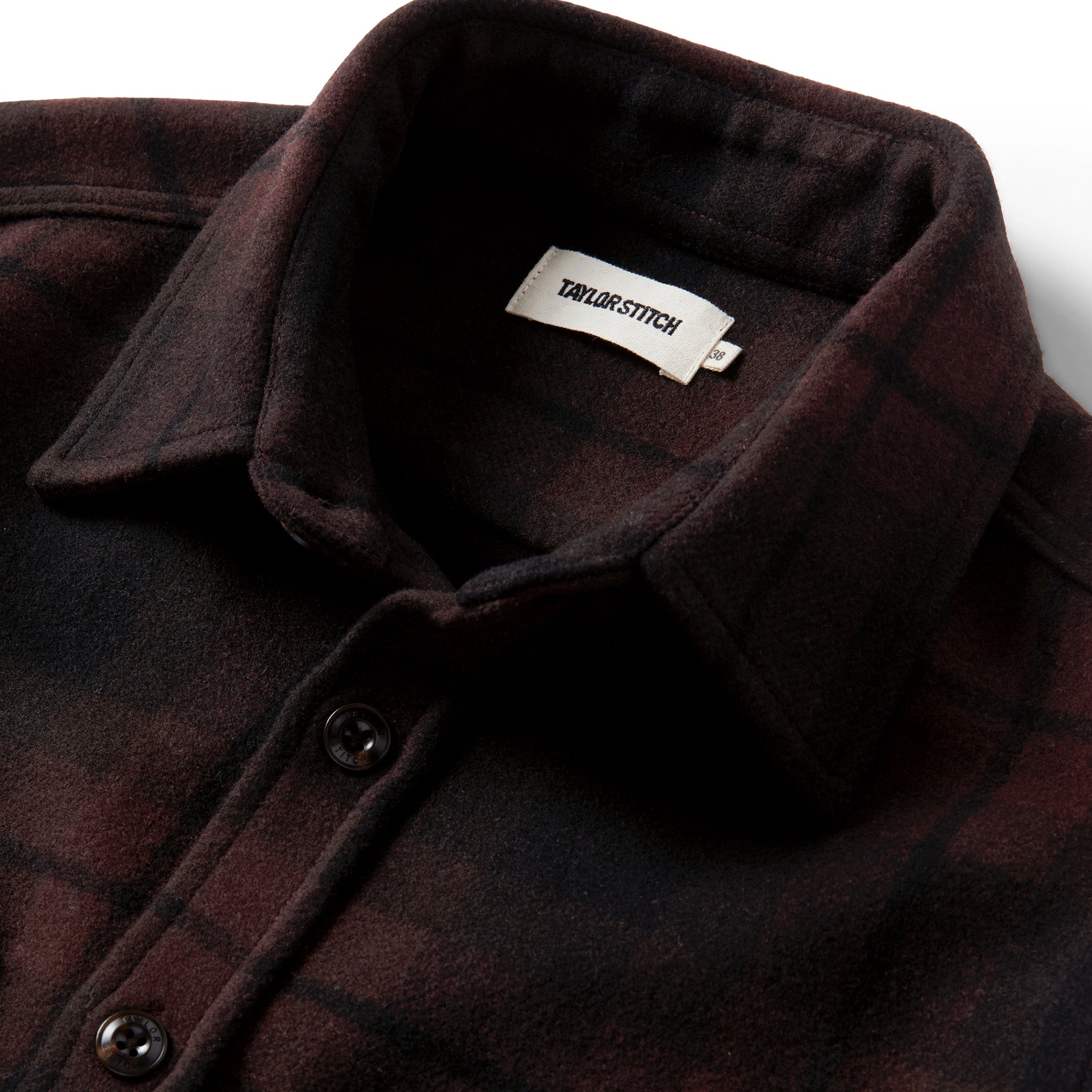 material shot of the collar on The Maritime Shirt Jacket in Carson Plaid, Wovens by Taylor Stitch