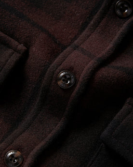 material shot of the buttons on The Maritime Shirt Jacket in Carson Plaid, Wovens by Taylor Stitch