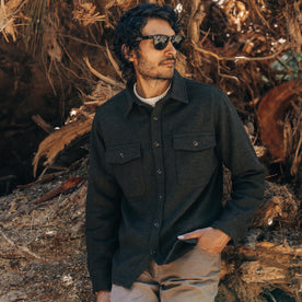 fit model posing by a tree in The Maritime Shirt Jacket in Evergreen Twill