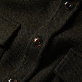 material shot of the buttons on The Maritime Shirt Jacket in Evergreen Twill
