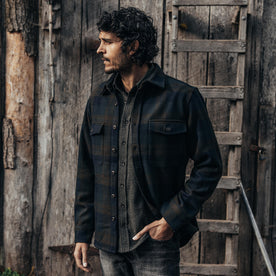 fit model with his hand in his pocket wearing The Maritime Shirt Jacket in Pike Plaid