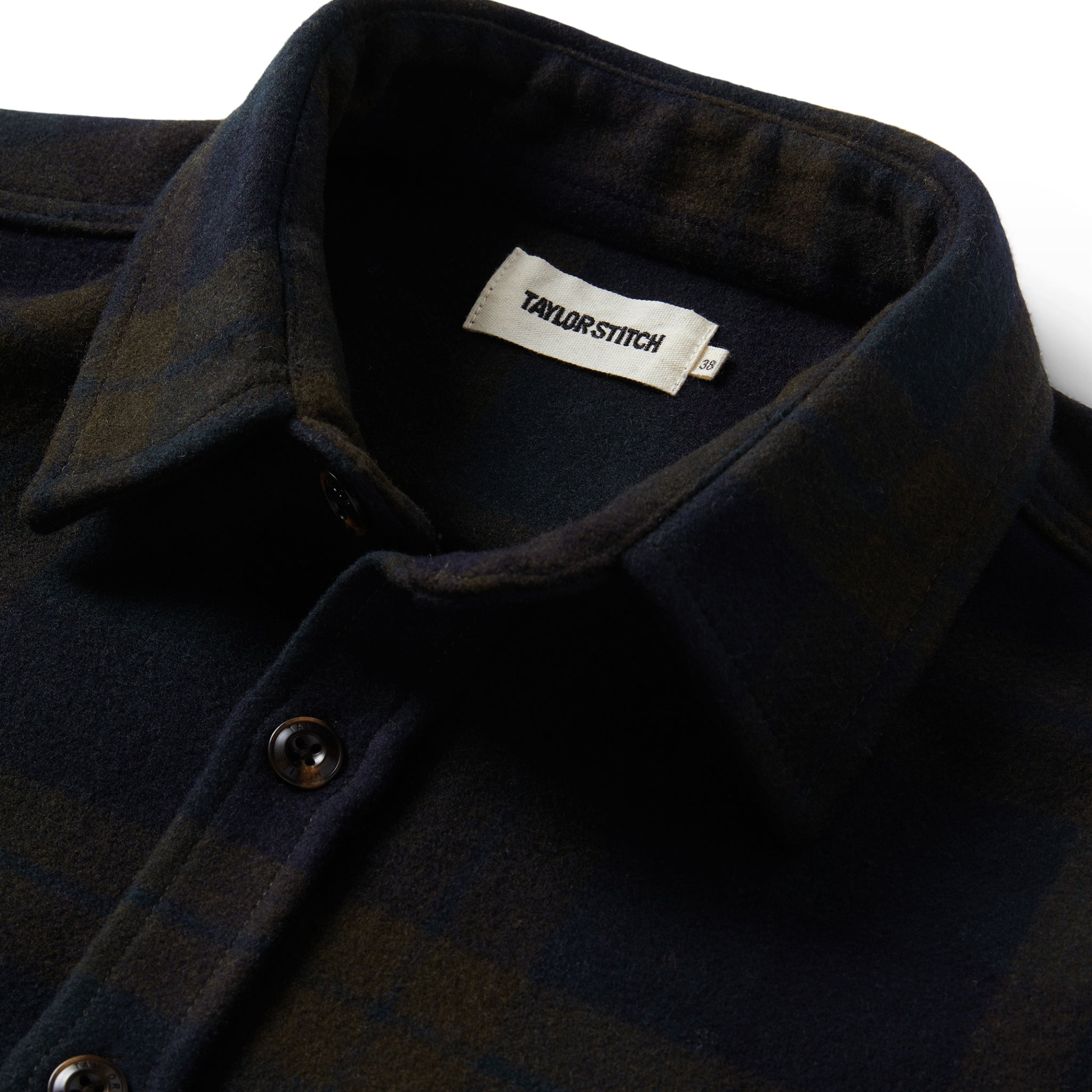 material shot of the collar on The Maritime Shirt Jacket in Pike Plaid, Wovens by Taylor Stitch