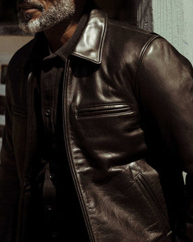 fit model in The Moto Jacket in Black Steerhide, Outerwear by Taylor Stitch