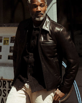 fit model in The Moto Jacket in Black Steerhide, Outerwear by Taylor Stitch