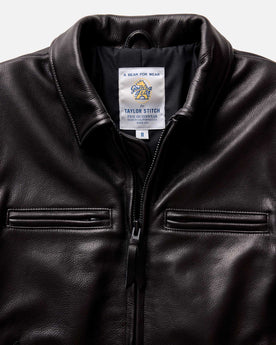 material shot of the zipper on The Moto Jacket in Black Steerhide, Outerwear by Taylor Stitch