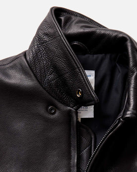 material shot of the collar on The Moto Jacket in Black Steerhide, Outerwear by Taylor Stitch