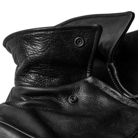 material shot of the collar on The Moto Jacket in Black Steerhide