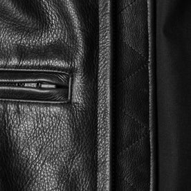 material shot of the zipper and pocket for The Moto Jacket in Black Steerhide