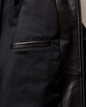 material shot of the inner pocket of The Moto Jacket in Black Steerhide, Outerwear by Taylor Stitch