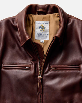 fit model showing the side of The Moto Jacket in Espresso Steerhide, Outerwear by Taylor Stitch