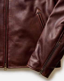 material shot of the shoulder on The Moto Jacket in Espresso Steerhide, Outerwear by Taylor Stitch