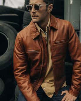 fit model posing in The Moto Jacket in Whiskey Steerhide, Outerwear by Taylor Stitch
