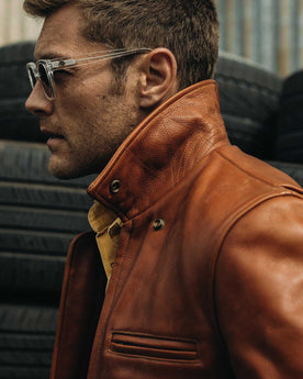 fit model showing the front of The Moto Jacket in Whiskey Steerhide, Outerwear by Taylor Stitch