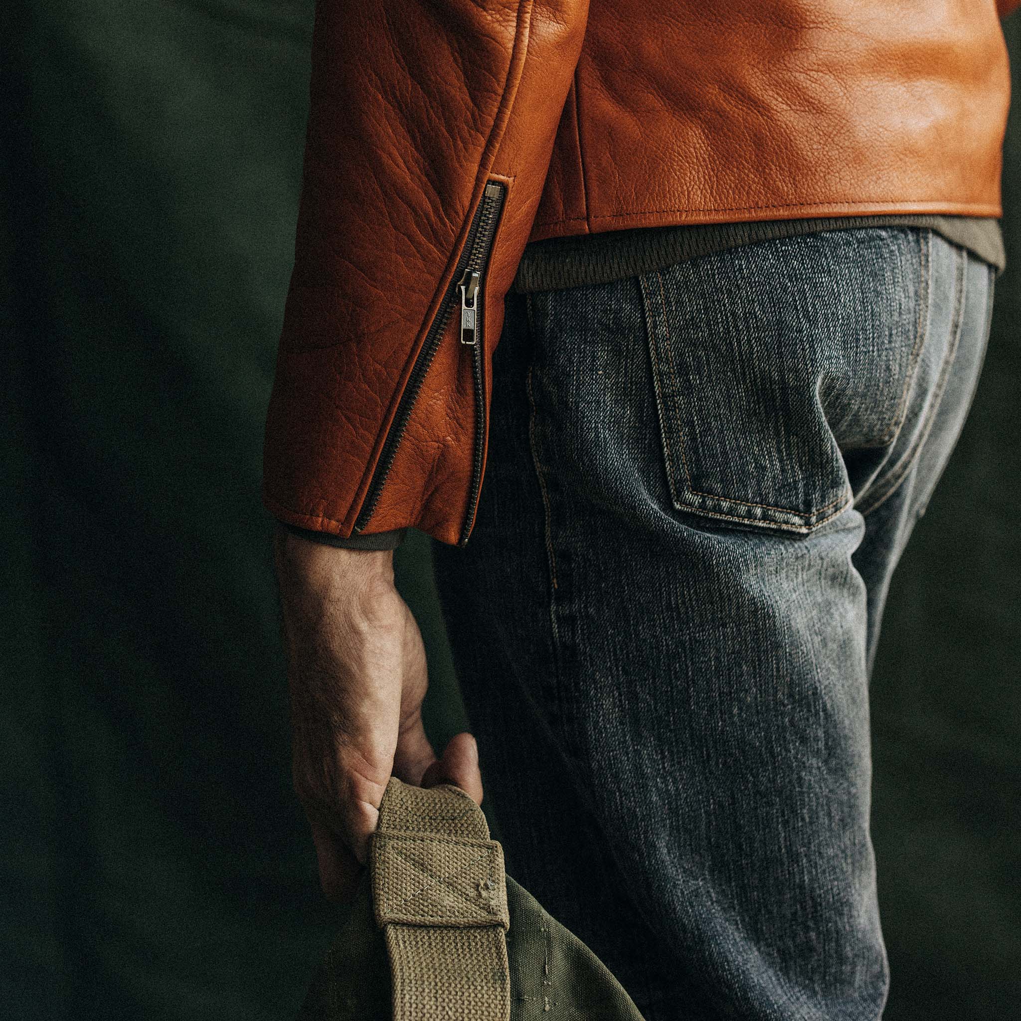 The Moto Jacket in Whiskey Steerhide Taylor Stitch
