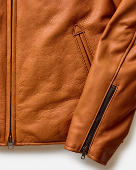 material shot of the collar on The Moto Jacket in Whiskey Steerhide, Outerwear by Taylor Stitch