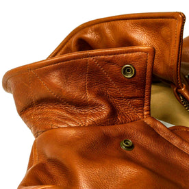 material shot of the collar on The Moto Jacket in Whiskey Steerhide