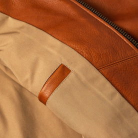 material shot of the inner pocket on The Moto Jacket in Whiskey Steerhide