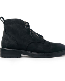 material shot of the side of The Moto Boot in Black Weatherproof Nubuck, Footwear by Taylor Stitch
