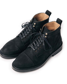 material shot of the tops of The Moto Boot in Black Weatherproof Nubuck, Footwear by Taylor Stitch