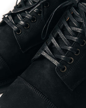 material shot of the shoelaces on The Moto Boot in Black Weatherproof Nubuck, Footwear by Taylor Stitch