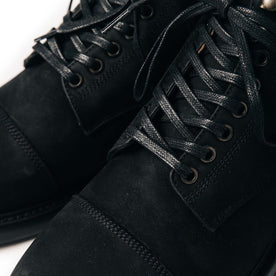material shot of the shoelaces on The Moto Boot in Black Weatherproof Nubuck