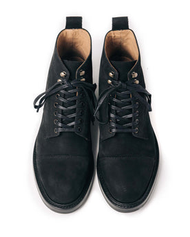 material shot of the front of The Moto Boot in Black Weatherproof Nubuck, Footwear by Taylor Stitch