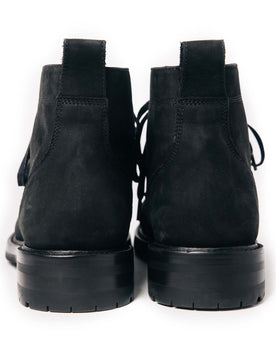 material shot of the back of The Moto Boot in Black Weatherproof Nubuck, Footwear by Taylor Stitch