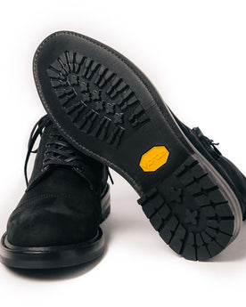 material shot of the Vibram Sole on The Moto Boot in Black Weatherproof Nubuck, Footwear by Taylor Stitch
