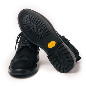 material shot of the Vibram Sole on The Moto Boot in Black Weatherproof Nubuck