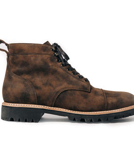 material shot of the side of The Moto Boot in Espresso Grizzly, Footwear by Taylor Stitch