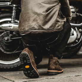 fit model showing of Vibram Sole on The Moto Boot in Espresso Grizzly