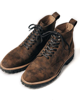 material shot of the top of The Moto Boot in Espresso Grizzly, Footwear by Taylor Stitch