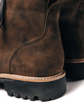 material shot of the back of The Moto Boot in Espresso Grizzly, Footwear by Taylor Stitch