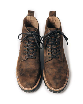 material shot of the front of The Moto Boot in Espresso Grizzly, Footwear by Taylor Stitch
