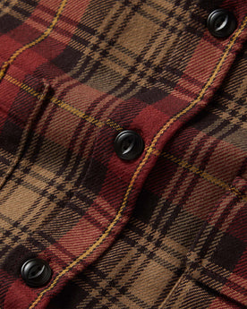 material shot of the buttons on The Moto Utility Shirt in Cardinal Plaid, Wovens by Taylor Stitch