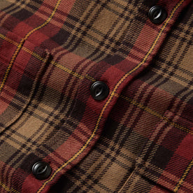 material shot of the buttons on The Moto Utility Shirt in Cardinal Plaid
