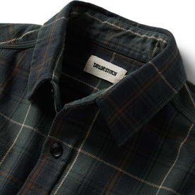 material shot of the collar on The Moto Utility Shirt in Shale Plaid