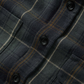 material shot of the buttons on The Moto Utility Shirt in Shale Plaid