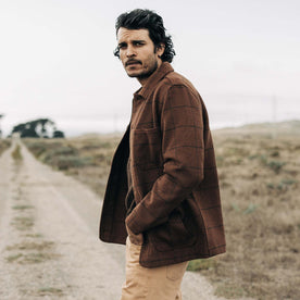 fit model wearing The Ojai Jacket in Ginger Check Wool