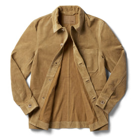 flatlay of The Ojai Jacket in Cognac Suede open