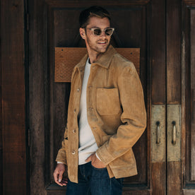 fit model posing in The Ojai Jacket in Cognac Suede