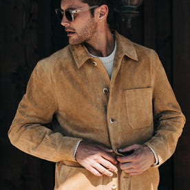 fit model unbottoning The Ojai Jacket in Cognac Suede