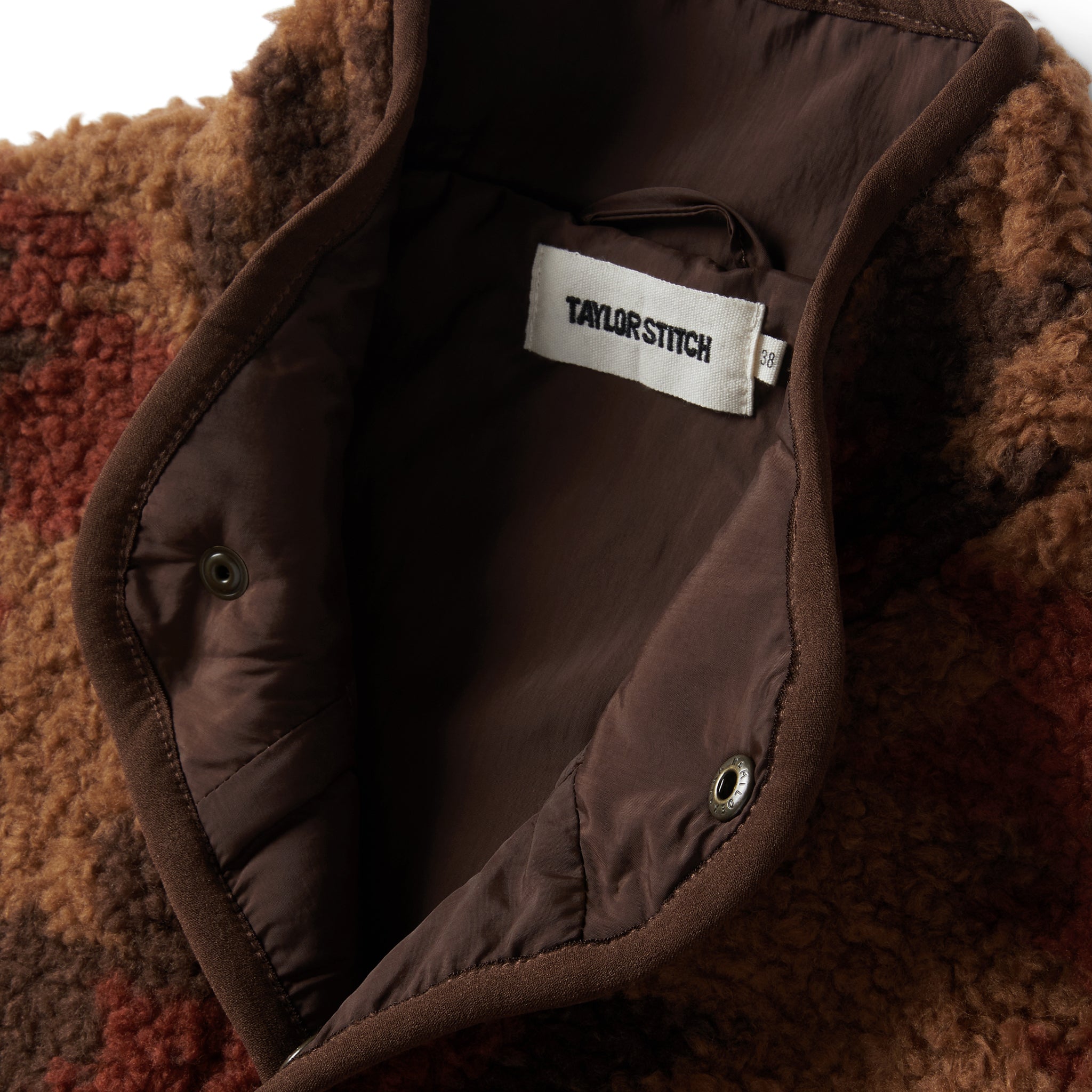 material shot of the open collar on The Port Jacket in Khaki Kilim, Outerwear by Taylor Stitch