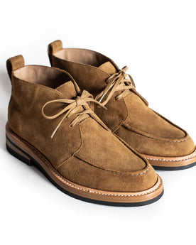 material shot of the front of The Rambler Chukka in Mushroom Suede, Footwear by Taylor Stitch