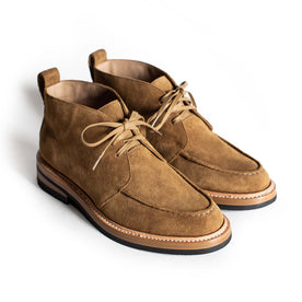 material shot of the front of The Rambler Chukka in Mushroom Suede