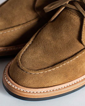 material shot of the tops of The Rambler Chukka in Mushroom Suede, Footwear by Taylor Stitch