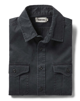 flatlay of The Saddler Shirt in Washed Coal folded, Wovens by Taylor Stitch